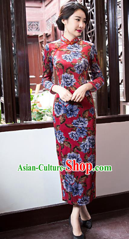 Top Grade Chinese Elegant Red Cheongsam Traditional China Tang Suit Printing Peony Qipao Dress for Women