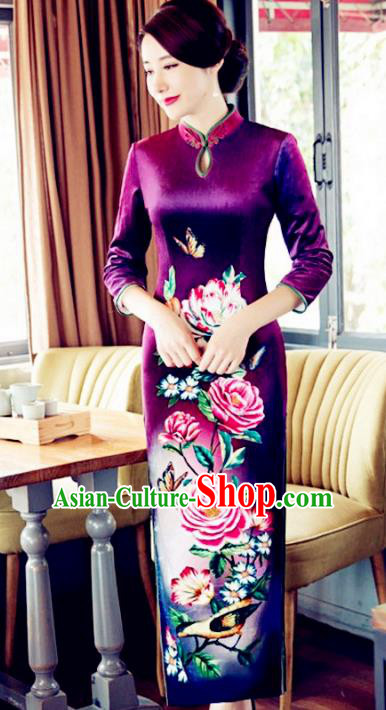 Top Grade Chinese Elegant Printing Purple Cheongsam Traditional China Tang Suit Qipao Dress for Women