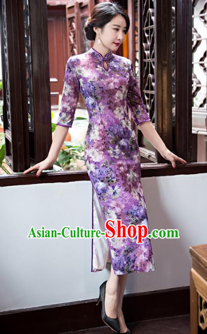 Top Grade Chinese Elegant Purple Velvet Cheongsam Traditional China Tang Suit Qipao Dress for Women