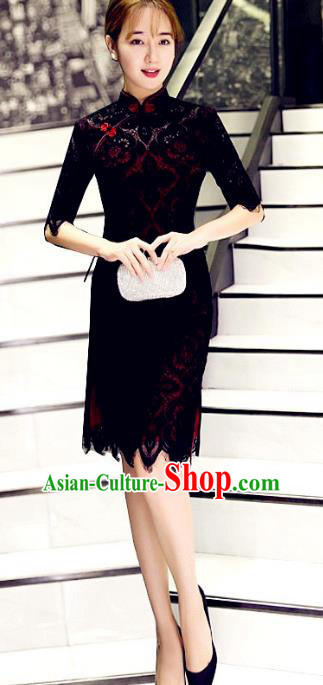 Top Grade Chinese Elegant Black Lace Tassel Cheongsam Traditional China Tang Suit Qipao Dress for Women