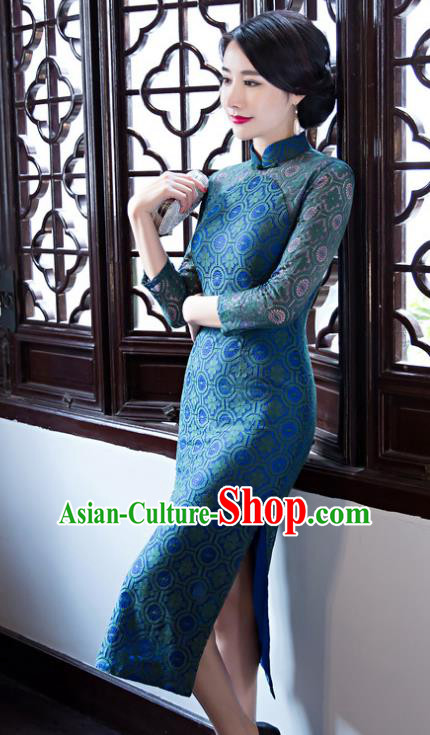 Top Grade Chinese Elegant Cheongsam Traditional China Tang Suit Blue Lace Qipao Dress for Women