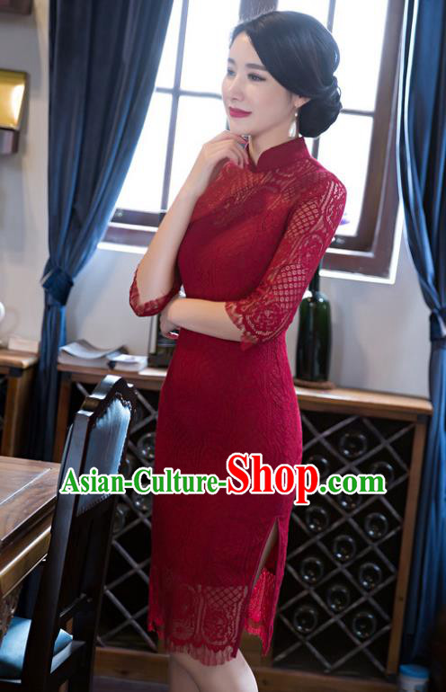 Top Grade Chinese Elegant Short Cheongsam Traditional China Tang Suit Red Lace Qipao Dress for Women