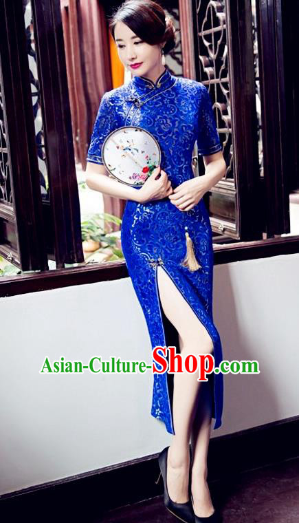 Top Grade Chinese Elegant Blue Cheongsam Traditional China Tang Suit Qipao Dress for Women