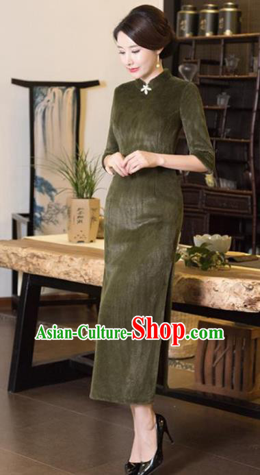 Chinese Top Grade Elegant Olive Green Wool Cheongsam Traditional Republic of China Tang Suit Qipao Dress for Women