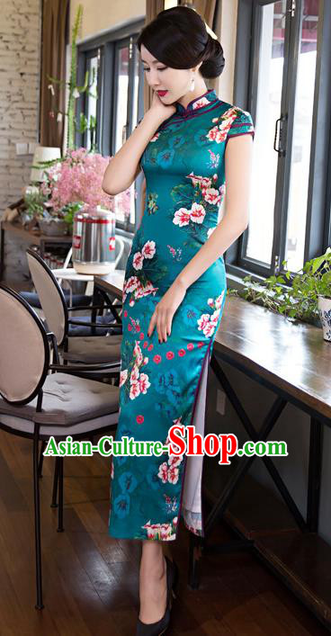 Chinese Top Grade Elegant Printing Flowers Green Cheongsam Traditional Republic of China Tang Suit Qipao Dress for Women