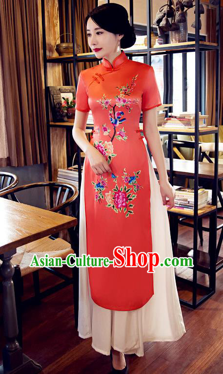 Chinese Top Grade Elegant Printing Peony Orange Cheongsam Traditional Republic of China Tang Suit Qipao Dress for Women