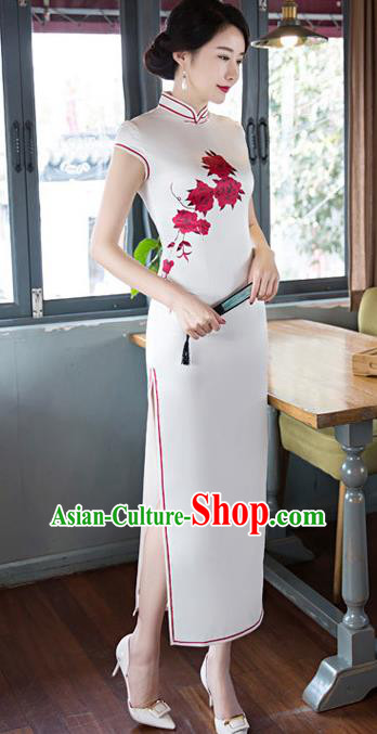 Chinese Top Grade Elegant Printing Flowers Cheongsam Traditional Republic of China Tang Suit White Silk Qipao Dress for Women