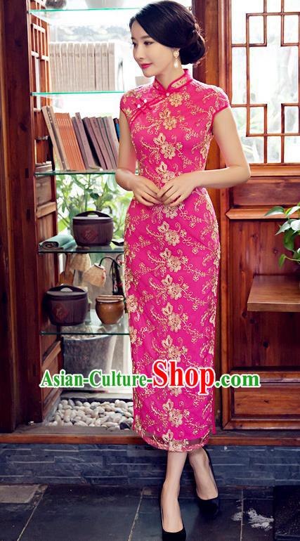 Chinese Top Grade Elegant Embroidered Cheongsam Traditional Republic of China Tang Suit Rosy Qipao Dress for Women