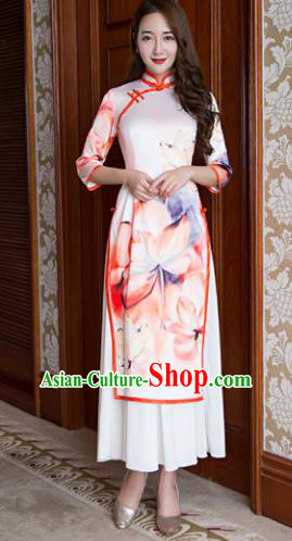 Top Grade Chinese Elegant Ink Painting Lotus Pink Cheongsam Traditional China Tang Suit Qipao Dress for Women