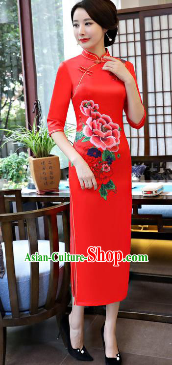 Traditional Top Grade Chinese Elegant Printing Peony Cheongsam China Tang Suit Red Qipao Dress for Women