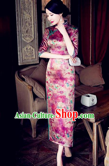 Traditional Top Grade Chinese Elegant Printing Silk Cheongsam China Tang Suit Qipao Dress for Women