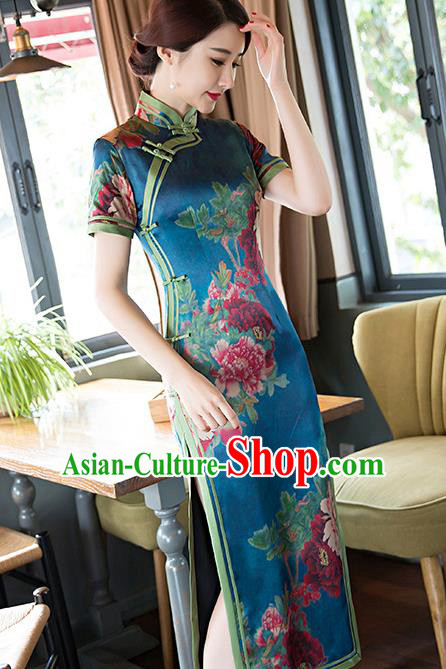 Traditional Top Grade Chinese Elegant Printing Blue Silk Cheongsam China Tang Suit Qipao Dress for Women