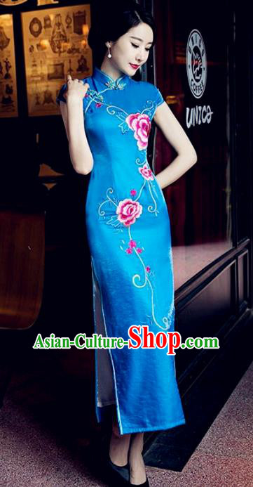 Traditional Top Grade Chinese Elegant Printing Peony Blue Cheongsam China Tang Suit Qipao Dress for Women