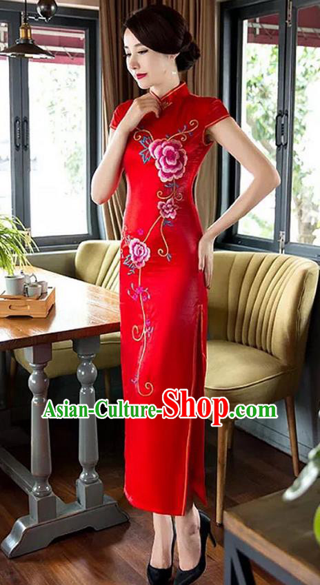 Traditional Top Grade Chinese Elegant Printing Peony Red Cheongsam China Tang Suit Qipao Dress for Women
