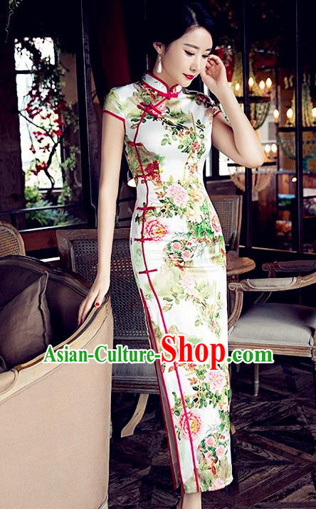 Traditional Chinese Elegant Cheongsam China Tang Suit Printing Peony Qipao Dress for Women