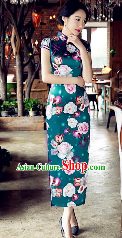Traditional Chinese Elegant Cheongsam China Tang Suit Printing Rose Green Qipao Dress for Women