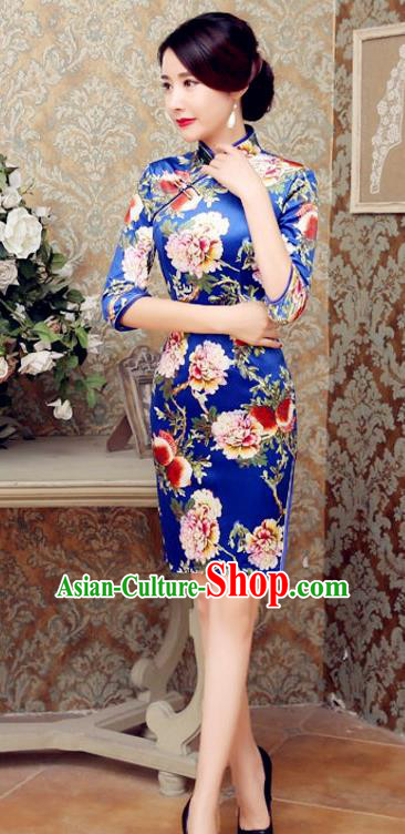 Traditional Chinese Elegant Printing Flowers Blue Short Cheongsam China Tang Suit Qipao Dress for Women