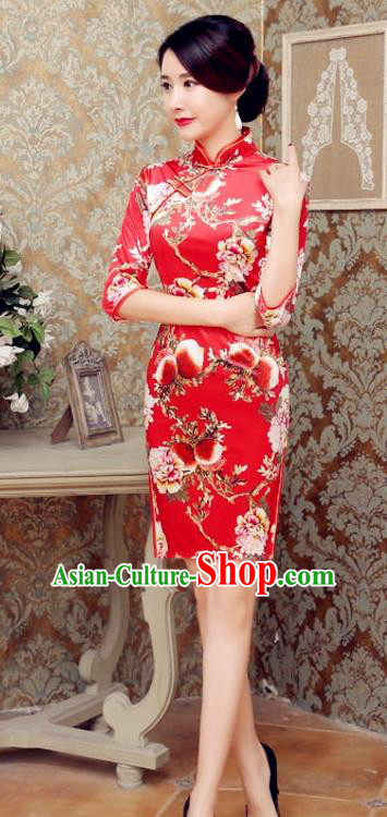 Traditional Chinese Elegant Printing Flowers Red Short Cheongsam China Tang Suit Qipao Dress for Women