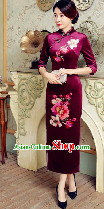 Traditional Chinese Elegant Printing Purple Velvet Cheongsam China Tang Suit Qipao Dress for Women