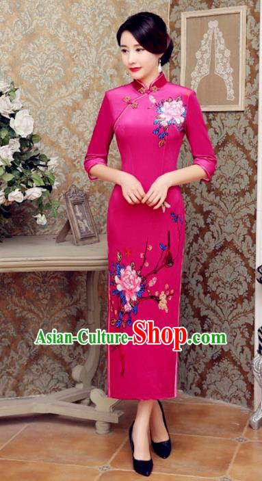 Traditional Chinese Elegant Printing Rosy Velvet Cheongsam China Tang Suit Qipao Dress for Women