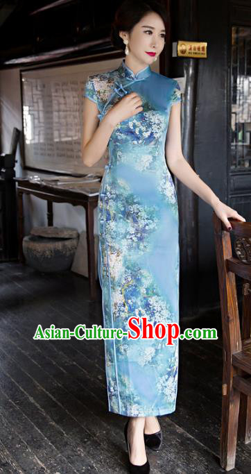 Traditional Chinese Elegant Printing Blue Silk Cheongsam China Tang Suit Qipao Dress for Women