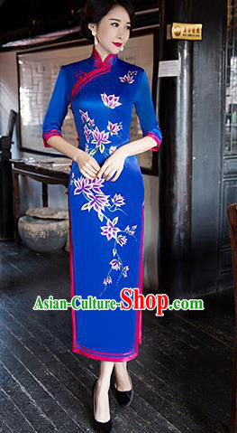 Traditional Chinese Elegant Printing Royalblue Silk Cheongsam China Tang Suit Qipao Dress for Women