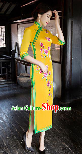 Traditional Chinese Elegant Printing Yellow Silk Cheongsam China Tang Suit Qipao Dress for Women