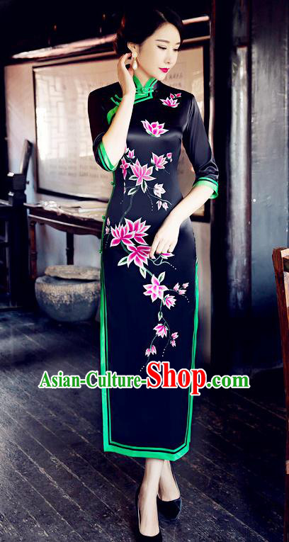 Traditional Chinese Elegant Printing Black Silk Cheongsam China Tang Suit Qipao Dress for Women