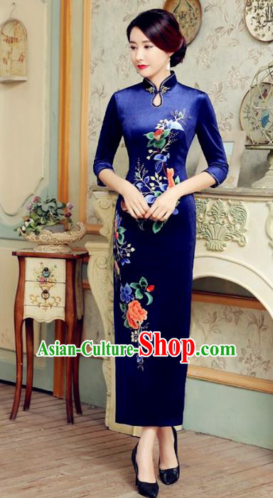 Traditional Chinese Elegant Cheongsam China Tang Suit Printing Peony Blue Velvet Qipao Dress for Women