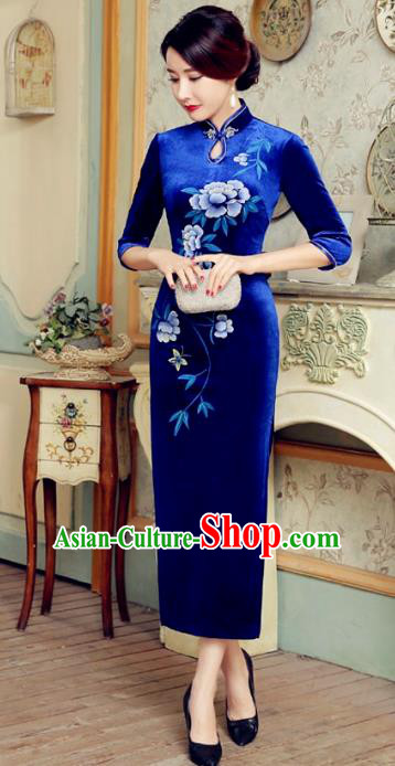 Traditional Chinese Elegant Cheongsam China Tang Suit Printing Flowers Blue Velvet Qipao Dress for Women