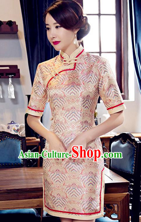 Traditional Chinese Elegant Golden Brocade Cheongsam China Tang Suit Short Qipao Dress for Women