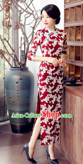 Traditional Chinese Elegant Printing Red Cheongsam China Tang Suit Qipao Dress for Women