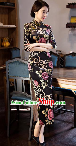 Traditional Chinese Elegant Printing Black Watered Gauze Cheongsam China Tang Suit Qipao Dress for Women