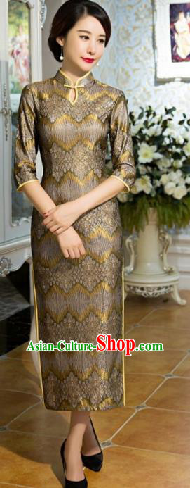 Traditional Chinese Elegant Golden Lace Cheongsam China Tang Suit Qipao Dress for Women