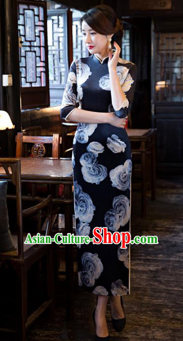 Traditional Chinese Elegant Printing Rose Navy Cheongsam China Tang Suit Qipao Dress for Women