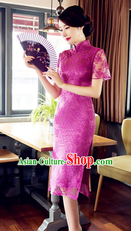 Chinese Traditional Costume Elegant Embroidered Pink Cheongsam China Tang Suit Qipao Dress for Women