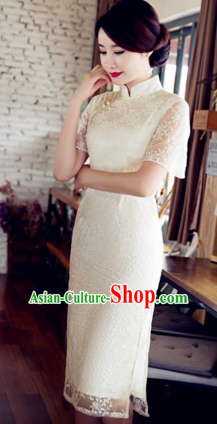 Chinese Traditional Costume Elegant Embroidered White Cheongsam China Tang Suit Qipao Dress for Women