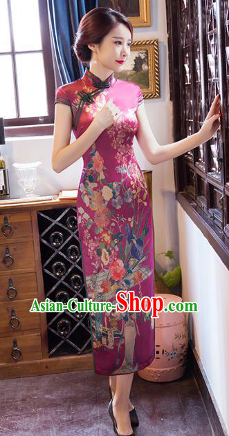 Chinese Traditional Costume Elegant Printing Purple Cheongsam China Tang Suit Qipao Dress for Women