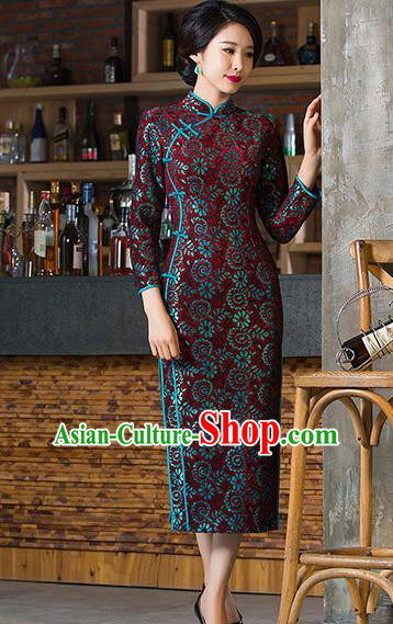 Chinese Traditional Costume Elegant Cheongsam China Tang Suit Amaranth Qipao Dress for Women