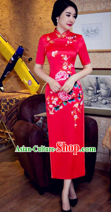 Chinese Traditional Costume Elegant Cheongsam China Tang Suit Printing Butterfly Flowers Red Qipao Dress for Women