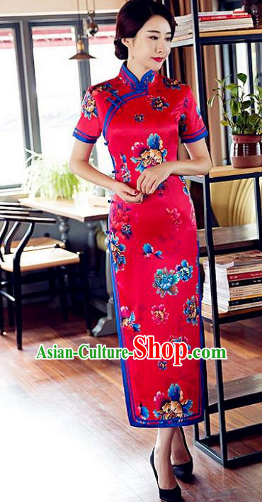 Chinese Traditional Costume Elegant Cheongsam China Tang Suit Printing Red Satin Qipao Dress for Women