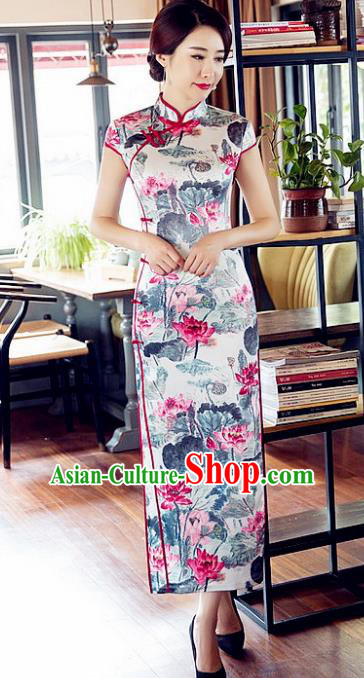 Chinese Traditional Costume Elegant Cheongsam China Tang Suit Printing Lotus Grey Qipao Dress for Women