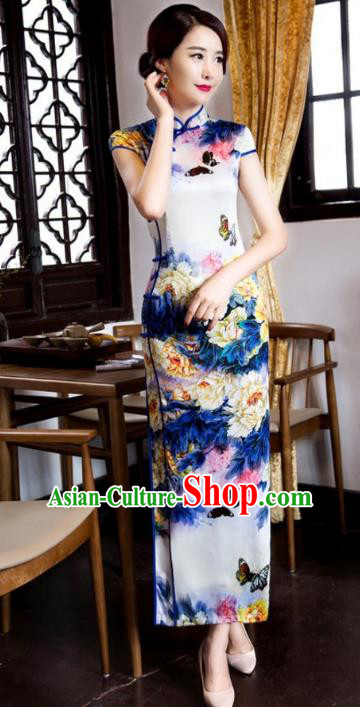 Chinese Traditional Costume Graceful Cheongsam China Tang Suit Printing Butterfly Qipao Dress for Women