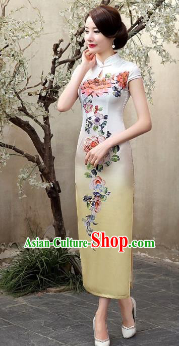 Chinese Traditional Costume Printing Flowers Yellow Cheongsam China Tang Suit Silk Qipao Dress for Women