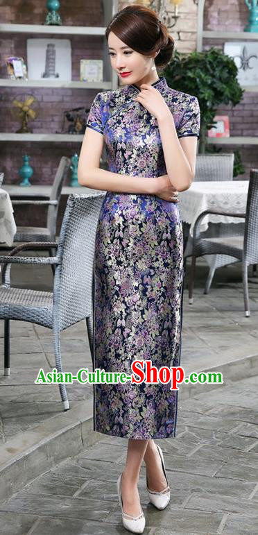 Chinese Traditional Costume Royalblue Brocade Cheongsam China Tang Suit Silk Qipao Dress for Women