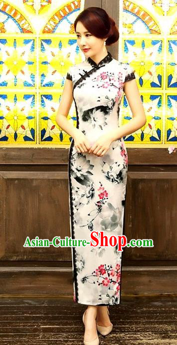 Chinese Traditional Costume Ink Painting Lotus Cheongsam China Tang Suit Silk Qipao Dress for Women