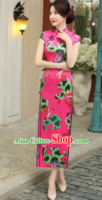 Chinese Traditional Costume Printing Lotus Rosy Cheongsam China Tang Suit Silk Qipao Dress for Women