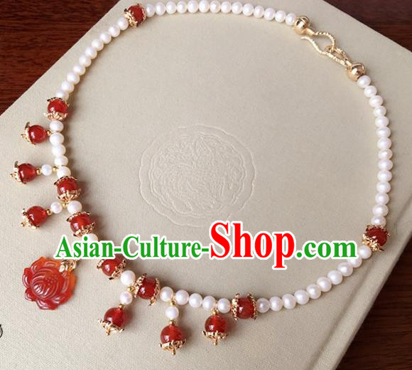 Traditional Handmade Chinese Ancient Classical Accessories Red Lotus Necklace Pearls Necklet for Women