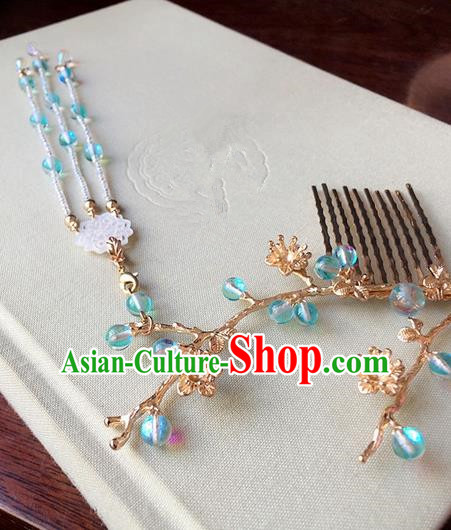 Traditional Handmade Chinese Ancient Classical Hair Accessories Blue Beads Tassel Hair Comb Hairpins for Women