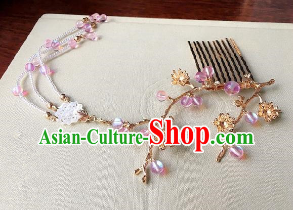 Traditional Handmade Chinese Ancient Classical Hair Accessories Pink Beads Tassel Hair Comb Hairpins for Women